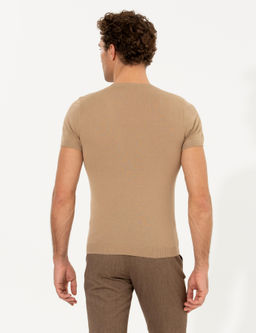 Bej Slim Fit Bisiklet Yaka Triko T-shirt