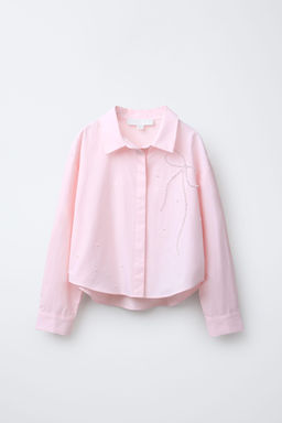POPLIN SHIRT WITH FAUX PEARL BOW