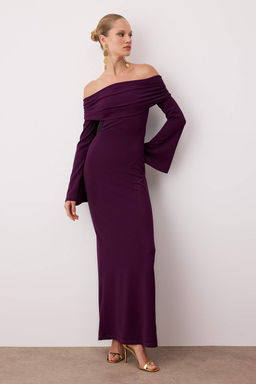 Bordo Vucuda Oturan Carmen Yaka Orme Maxi S?k Abiye Gece Mezuniyet Elbisesi TPRSS24AE00204