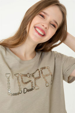 Женская укороченная футболка цвета хаки с круглым вырезом Неожиданная скидка в корзине - U.s. polo assn фото 4