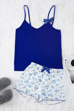 Trendyolmilla Mavi Cicekli Kurdele/Fiyonklu Ip Ask?l? Sortlu Orme Pijama Tak?m? THMSS24PT00320  фото 23