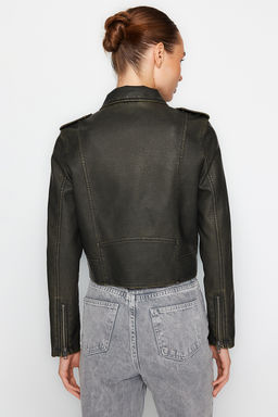 Trendyolmilla Antrasit Eskitme Detayl? Suni Deri Biker Ceket Mont TWOAW24MO00277  фото 11