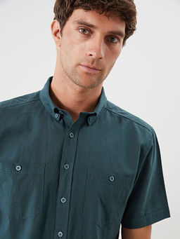 Regular Fit K?sa Kollu Keten G?r?n?ml? Erkek G?mlek