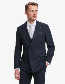 Lacivert Ex. Slim Fit _izgili Kruvaze Tak_m Elbise