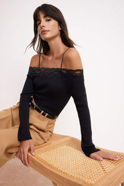 Siyah Dantelli Carmen Yaka Yazl?k Ozel Iplik Triko Kazak TWOSS26KZ00013