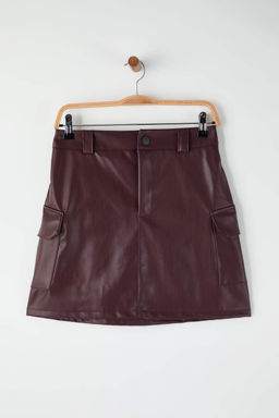 Bordo Suni Deri Kargo Cepli Kalem Mini Orme Etek TWOAW26ET00107 - Trendyolmilla фото 5