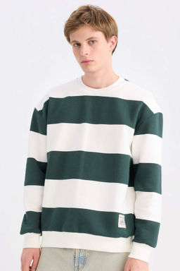 Boxy Fit Bisiklet Yaka Cizgili Dokuma Etiketli Sweatshirt - Defacto фото 5