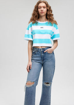 Mavi Logo Bask?l? Mavi Cizgili Crop Tisort