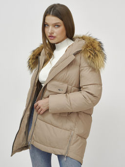Куртка Бренд Visdeer ПРЕМИУМ КЛАССА зимняя с мехом ЕНОТА, бежевого цвета  фото 20
