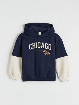 Kap??onlu Bask?l? Erkek ?ocuk Kal?n Sweatshirt