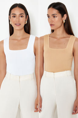 Camel-Ekru Basic Ikili Paket Top Ince Bluz TWOSS24BZ00623