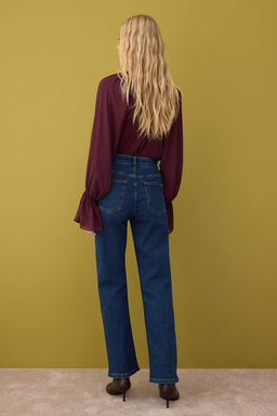 Koyu Mavi Yuksek Bel Comfort/Esnek/Rahat Straight Duz Kesim Boru Paca Jeans TWOAW26JE00062 - Trendyolmilla фото 4