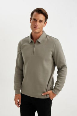 Regular Fit Polo Yaka Yar?m Fermuarl? Basic Duz Sweatshirt