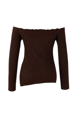 Kahverengi Carmen Yaka Dokulu Etek Ucu Asimetrik Orme Bluz TWOAW26BZ00286