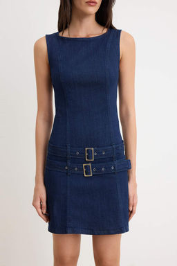 Koyu Mavi Mini Kemerli Denim Elbise TWOSS26EL00659 - Trendyolmilla фото 3