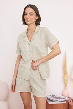 Bej %100 Pamuklu Cizgili Muslin Dokuma Pijama Tak?m? THMSS26PT00135