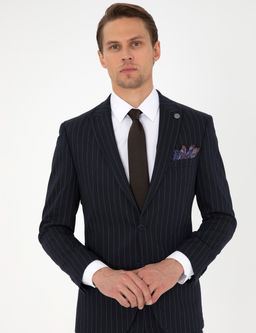 Lacivert Extra Slim Fit _izgili Tak_m Elbise