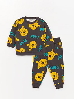 Bisiklet Yaka Uzun Kollu Winnie the Pooh Bask?l? Erkek Bebek Sweatshirt ve Pantolon 2li Tak?m