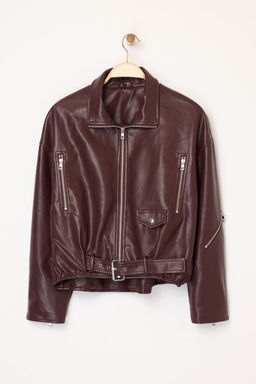 Kahverengi Oversize Kal?p Suni Deri Bomber Ince Ceket Mont TWOAW26MO00053