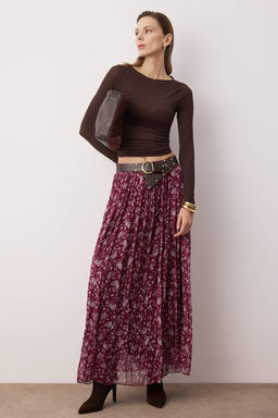 Pembe Kemerli Cicekli Sifon K?r?s?k Dokuma Uzun Etek TWOAW26ET00171