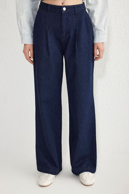 Koyu Mavi Pileli Yuksek Bel Wide Leg Jeans TWOSS25JE00040 - Trendyolmilla фото 3