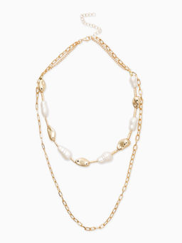 Колье "Жемчуг" борокко, цепь, удлиненное, 2 яруса, цвет белый в золоте