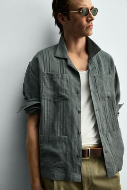 CAMISA RELAXED FIT 100% LINO PLIEGUES / Verde pato