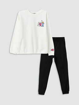 Bisiklet Yaka Bask?l? Uzun Kollu K?z ?ocuk Sweatshirt ve E?ofman Alt?