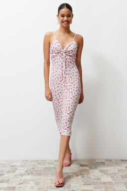 Ekru Cicek Bask?l? Burumcuk Belden Ac?lan/Skater Ask?l? Midi Orme Elbise TWOSS23EL01454