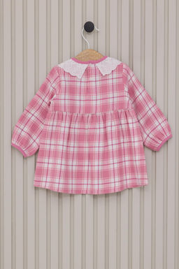 K_z Bebek Pembe Ekose Desenli Elbise Bandana 2li Set