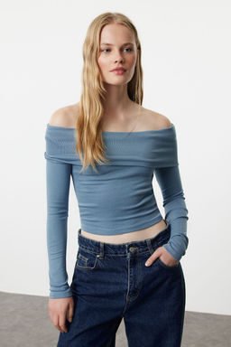 Indigo Carmen Yaka Crop/K?sa Esnek Orme Bluz TWOAW25BZ00008