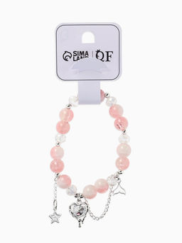 Браслет с подвесками "Сахарный" сердце тякучее, шар № 10/8, цвет бело-розовый в серебре