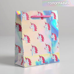 Пакет подарочный голографический, упаковка, «Единорожки», 12 х 15 х 5.5 см