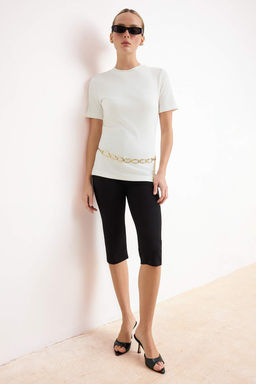 Ekru Fitted/Vucuda Oturan K?sa Kollu Pamuk Ribana Orme T-Shirt TWOSS26TS00080