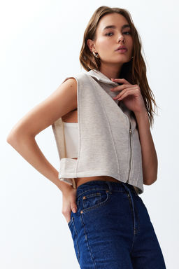 Bej Melanj Relaxed/Rahat Kal?p Fermuarl? Dik Yaka Ay Kol Kal?n Yelek TWOSS24YE00011