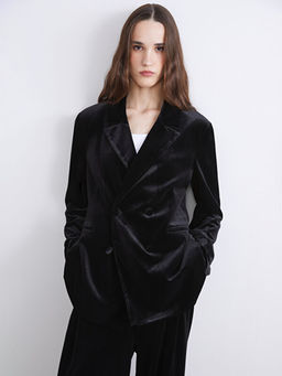 Kruvaze Yaka Kad?n Kadife Blazer Ceket