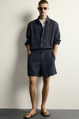 CAMISA RELAXED FIT JACQUARD CUADROS LINO - ALGOD?N / Marino - Zara фото 5