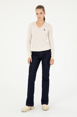 Женский кремовый меланжевый базовый свитер с v-образным вырезом Неожиданная скидка в корзине - U.s. polo assn фото 4