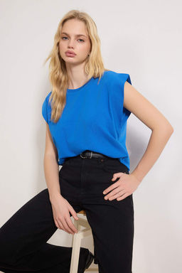 Saks %100 Pamuk Vatka Gorunumlu Basic Bisiklet Yaka Orme T-Shirt TWOSS20TS0021