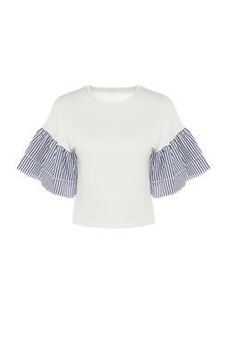 Beyaz Poplin Detayl? Relaxed/Genis Rahat Kesim Bisiklet Yaka Orme Bluz TWOSS23BZ00065