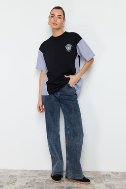 TRENDYOLMILLA Siyah Oversize/Genis Kal?p Poplin Detayl? Bask?l? Orme T-Shirt TWOSS24TS00005 фото 4