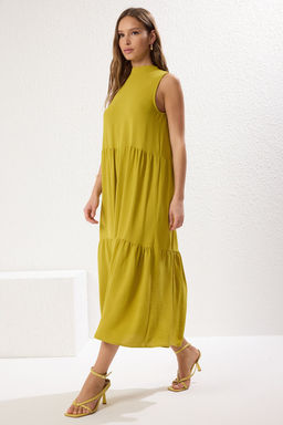 Yag Yesili Shift/Duz Kesim Dik Yaka Midi Dokuma Elbise TWOSS20EL1864