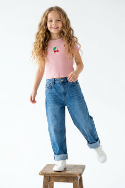 Ac?k Pembe K?z Cocuk Pamuklu Kirazl? Regular Kal?p Fitilli K?sa Kol Orme T-Shirt TKDSS24TS00009 - Trendyolmilla фото 5