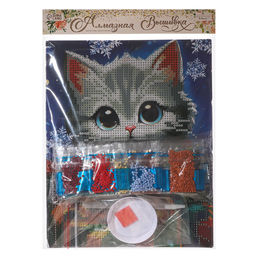 Алмазная мозаика на новый год с частичным заполнением Котенок с подарками, 20?25 см, набор для творчества
