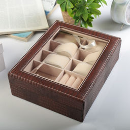 Шкатулка кожзам под часы 6 отделений и бижутерию Кофейный питон матовая 7,7х20х25,5 см - Simaland фото 6