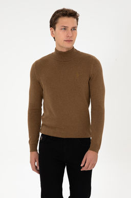 Erkek Slim Fit Yar_m Bal_k__ Yaka Haki Melanj Basic Kazak