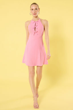 TRENDYOLMILLA Pembe Duz Etegi Belden Ac?lan Fiyonklu Mini Dokuma Elbise TWOSS25EL00271 фото 5