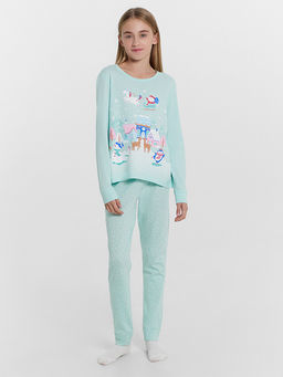 Комплект для девочек (джемпер, брюки) новогодний голубой с белыми снежинками