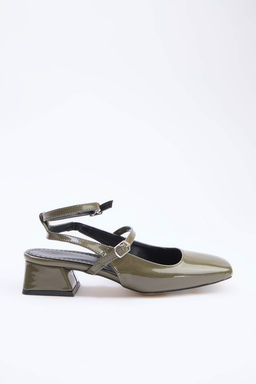 Haki Mary Jane Bilekten Bagl? Kare Burun Kad?n 4 cm Topuklu Ayakkab? TAKSS24TO00009