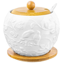 Сахарница 620 мл 12*12*12 см "Птички на ветке" с ложкой и дерев. крышкой на дерев. подставке